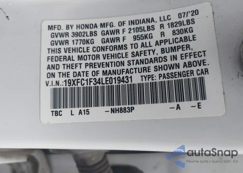 2020 Honda Civic Ex z USA, uszkodzony, nr VIN 19XFC1F34LE019431
